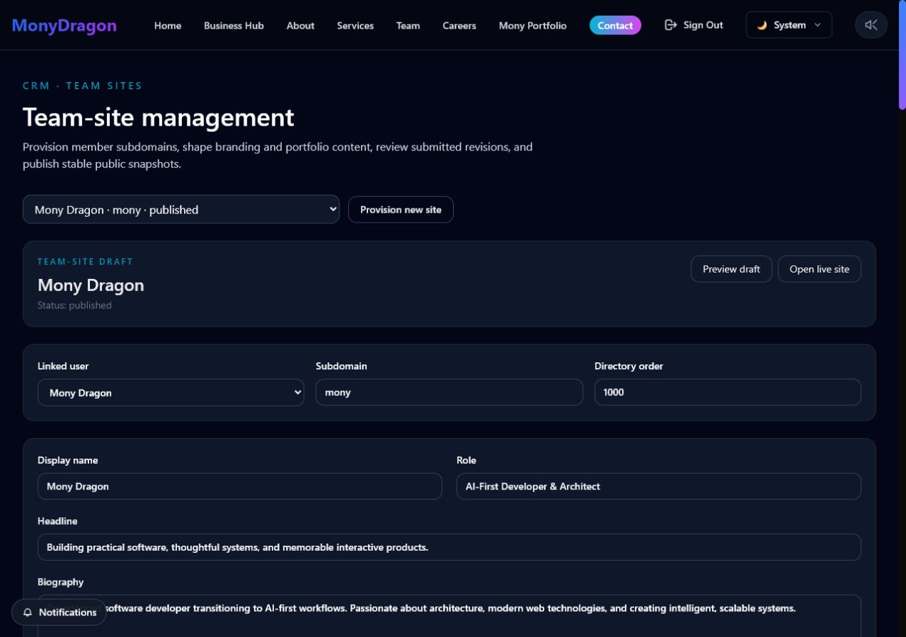 Monydragon.com — Business Operations Hub project view